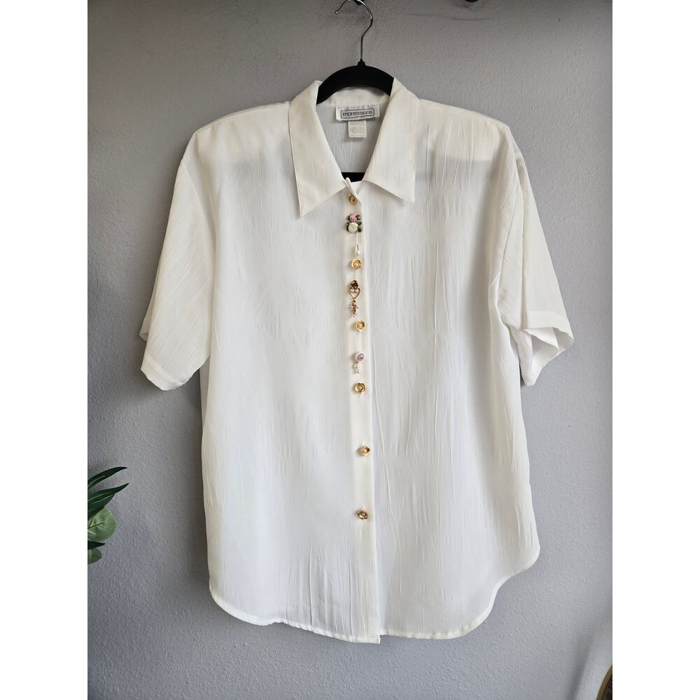 Impressions Vintage 90s Novelty Button Up Crinkle Blouse White‎ Medium